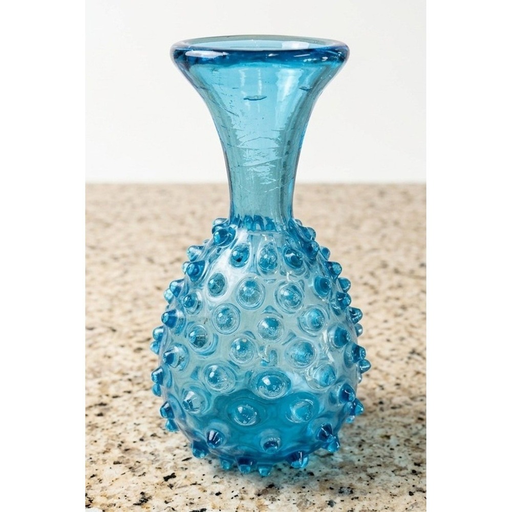 Vintage Hobnail Vase, Turquoise Blue, 7.5" Tall, Small Chip on Top Rim, READ
